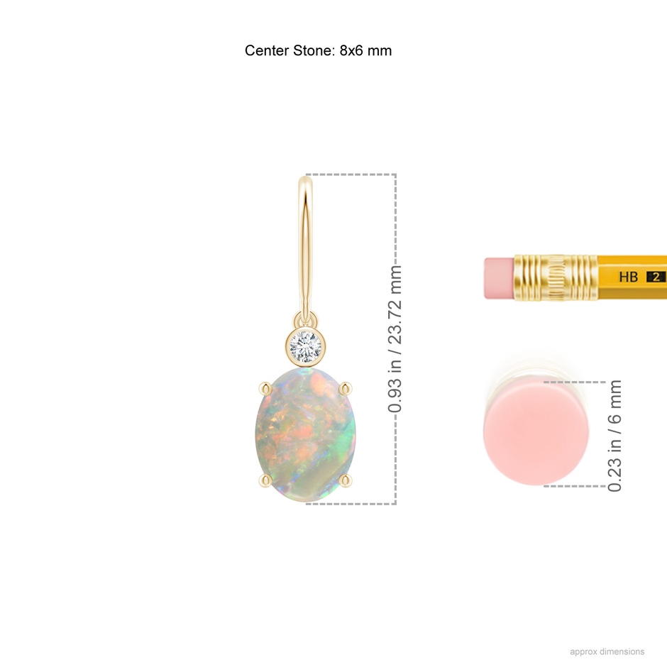 8x6mm AAAA Oval Opal Fish Hook Earrings with Bezel-Set Diamonds in Yellow Gold ruler
