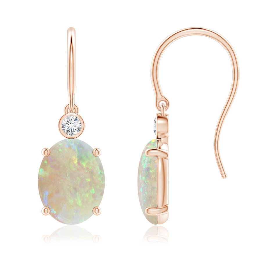 9x7mm AAA Oval Opal Fish Hook Earrings with Bezel-Set Diamonds in Rose Gold 