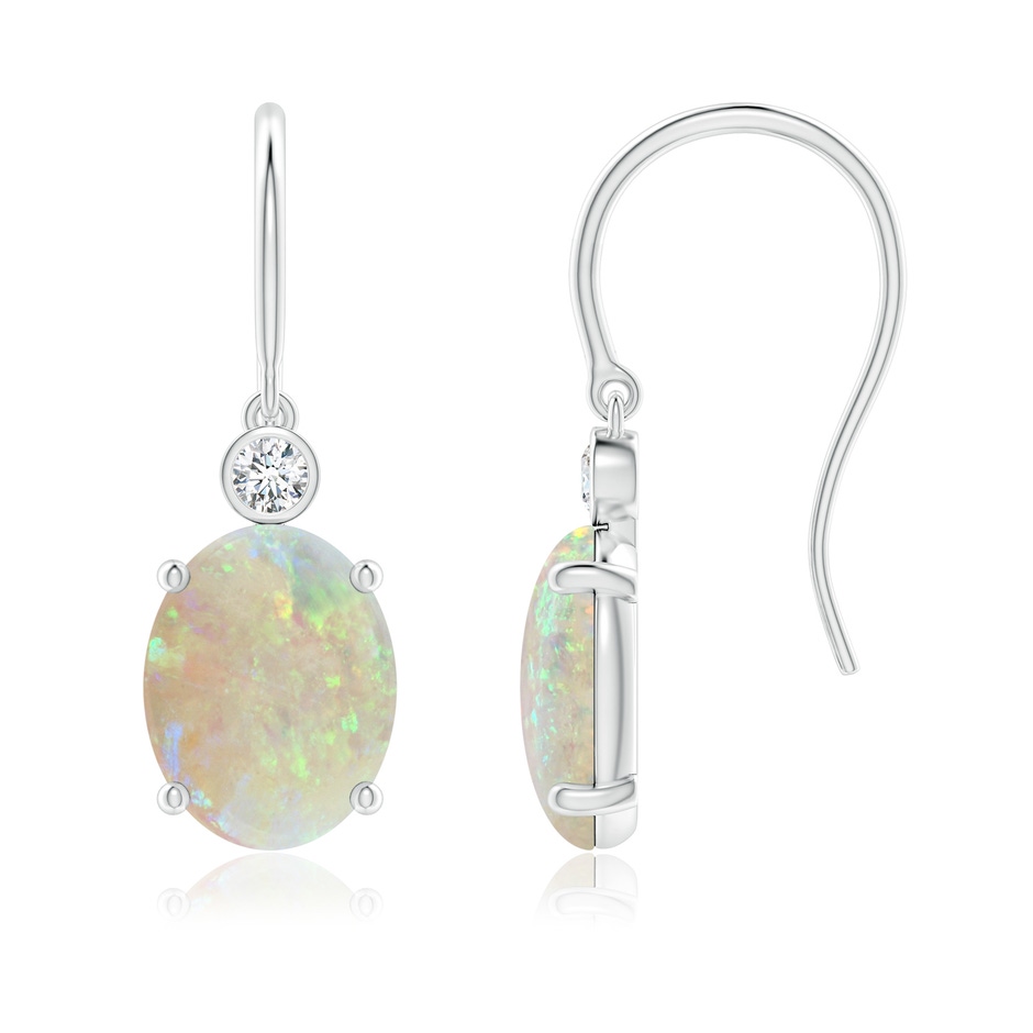 9x7mm AAA Oval Opal Fish Hook Earrings with Bezel-Set Diamonds in White Gold 