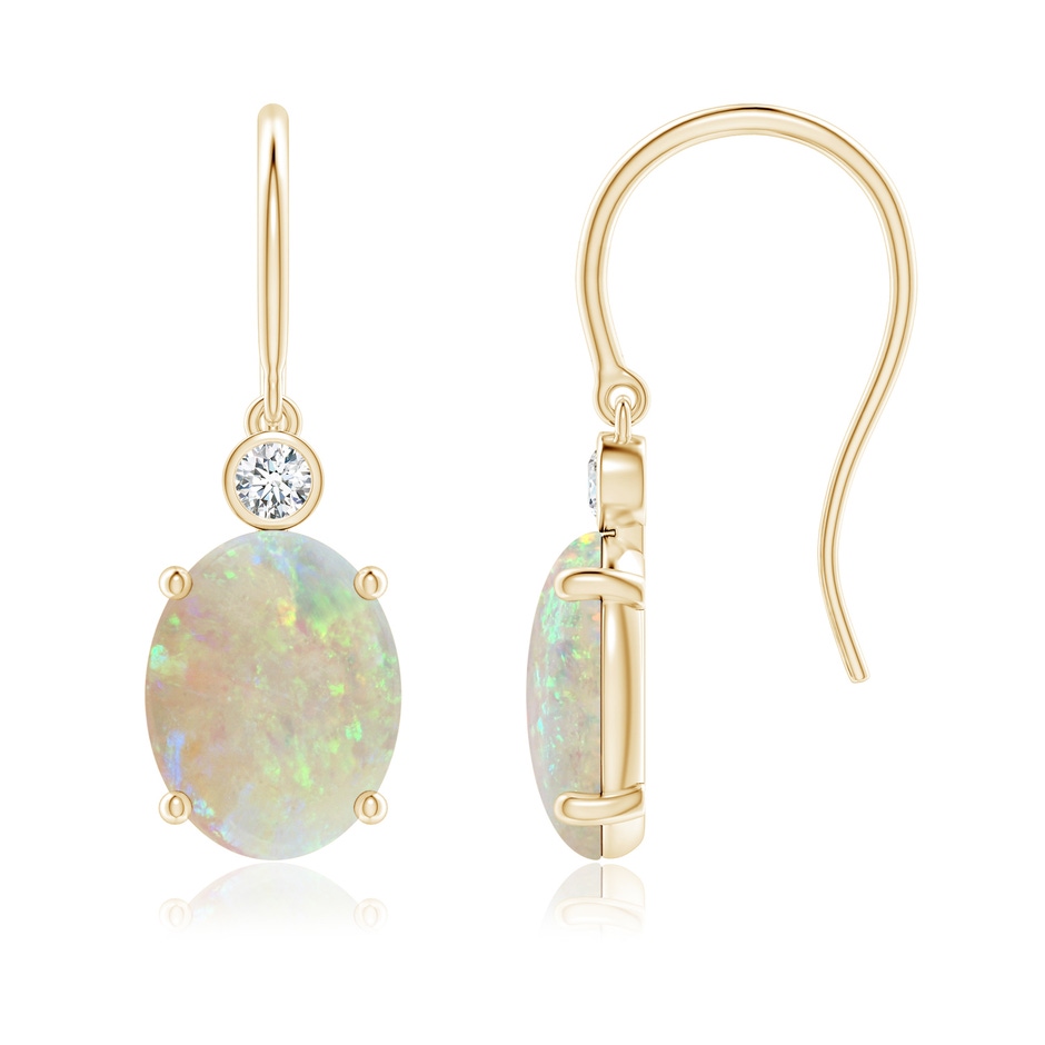 9x7mm AAA Oval Opal Fish Hook Earrings with Bezel-Set Diamonds in Yellow Gold 
