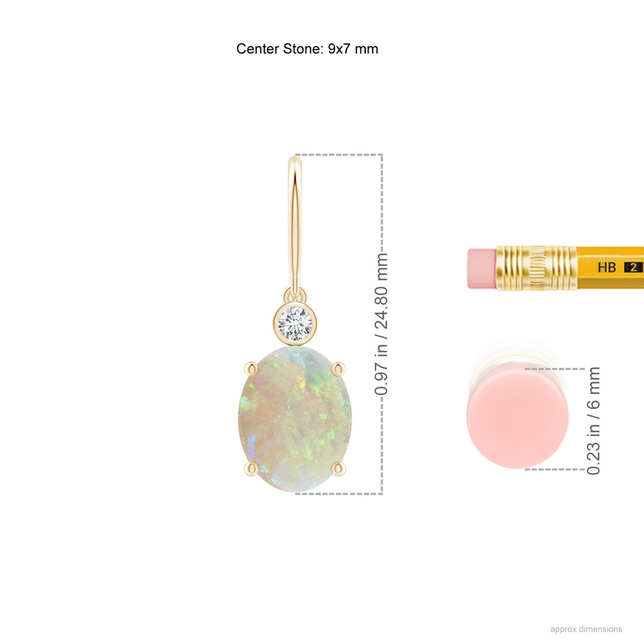 9x7mm AAA Oval Opal Fish Hook Earrings with Bezel-Set Diamonds in Yellow Gold ruler