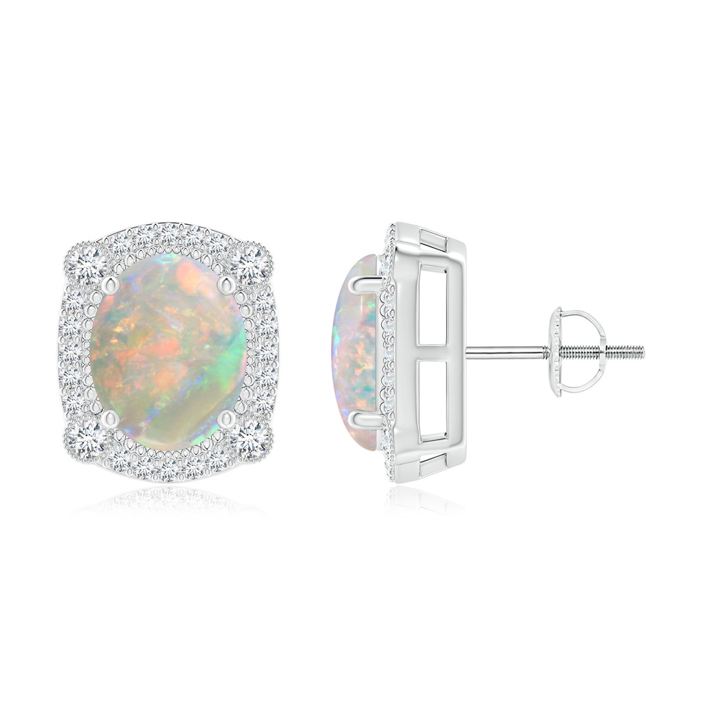 10x8mm AAAA Vintage Style Opal Earrings with Bezel-Set Diamonds in White Gold