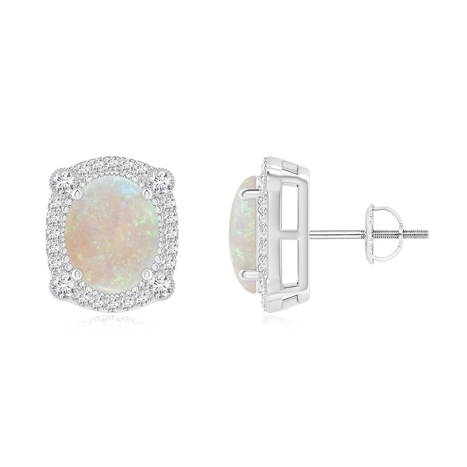 9x7mm AA Vintage Style Opal Earrings with Bezel-Set Diamonds in White Gold 