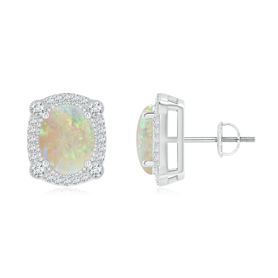 9x7mm AAA Vintage Style Opal Earrings with Bezel-Set Diamonds in White Gold 