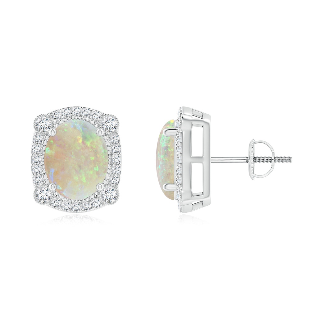 9x7mm AAA Vintage Style Opal Earrings with Bezel-Set Diamonds in White Gold