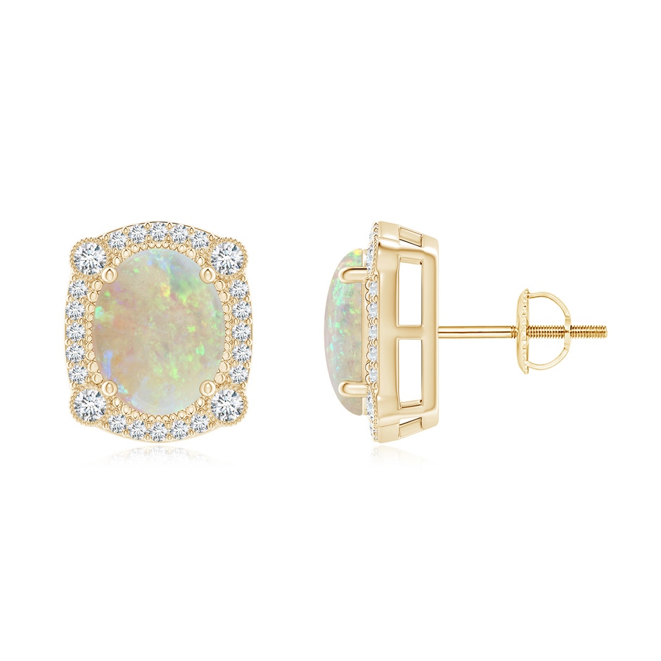 9x7mm AAA Vintage Style Opal Earrings with Bezel-Set Diamonds in Yellow Gold 