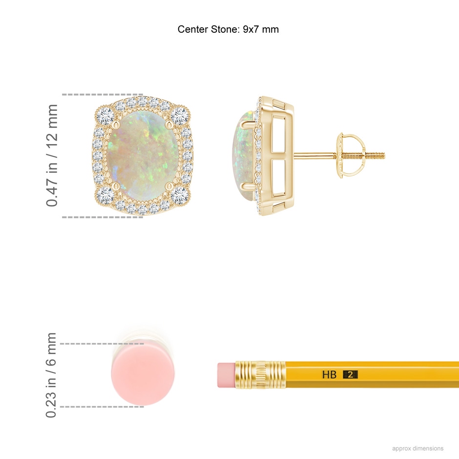 9x7mm AAA Vintage Style Opal Earrings with Bezel-Set Diamonds in Yellow Gold ruler