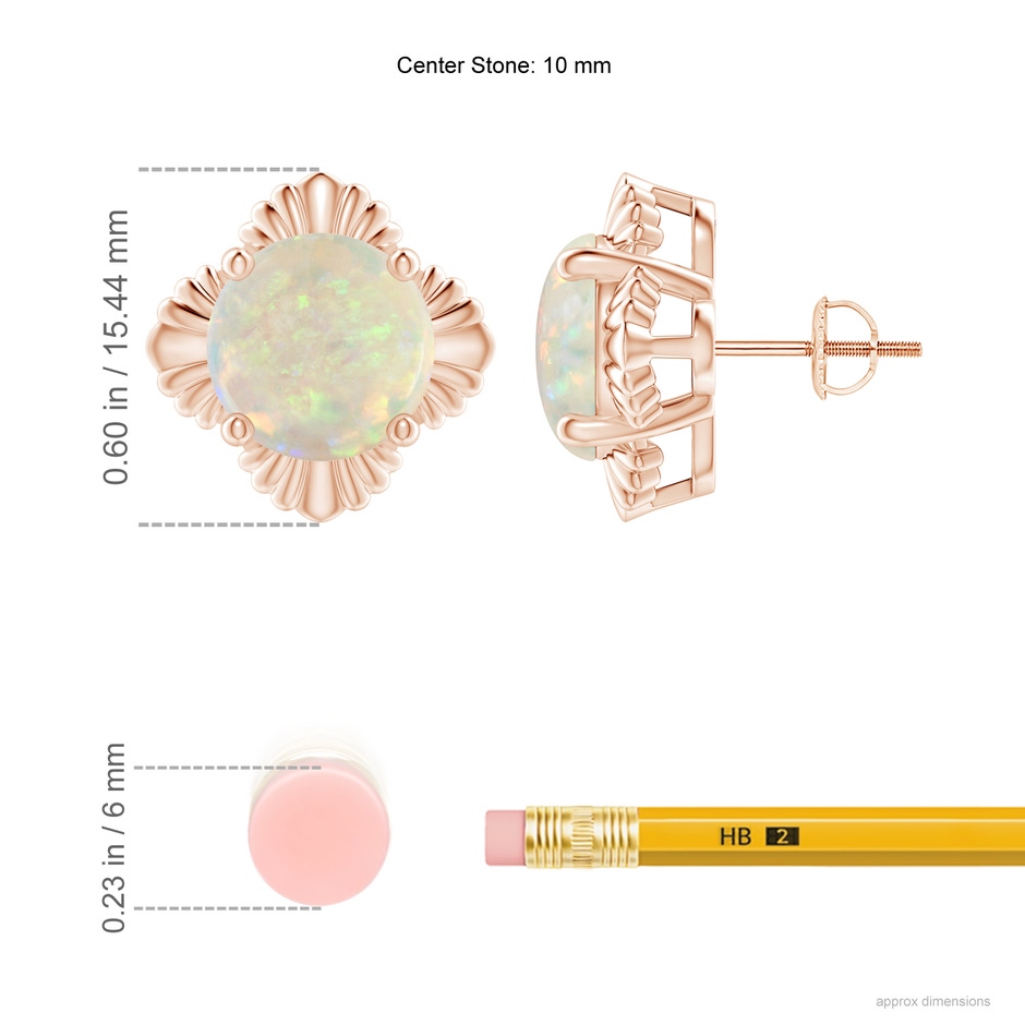 10mm AAA Solitaire Round Opal Floral Stud Earrings in Rose Gold ruler