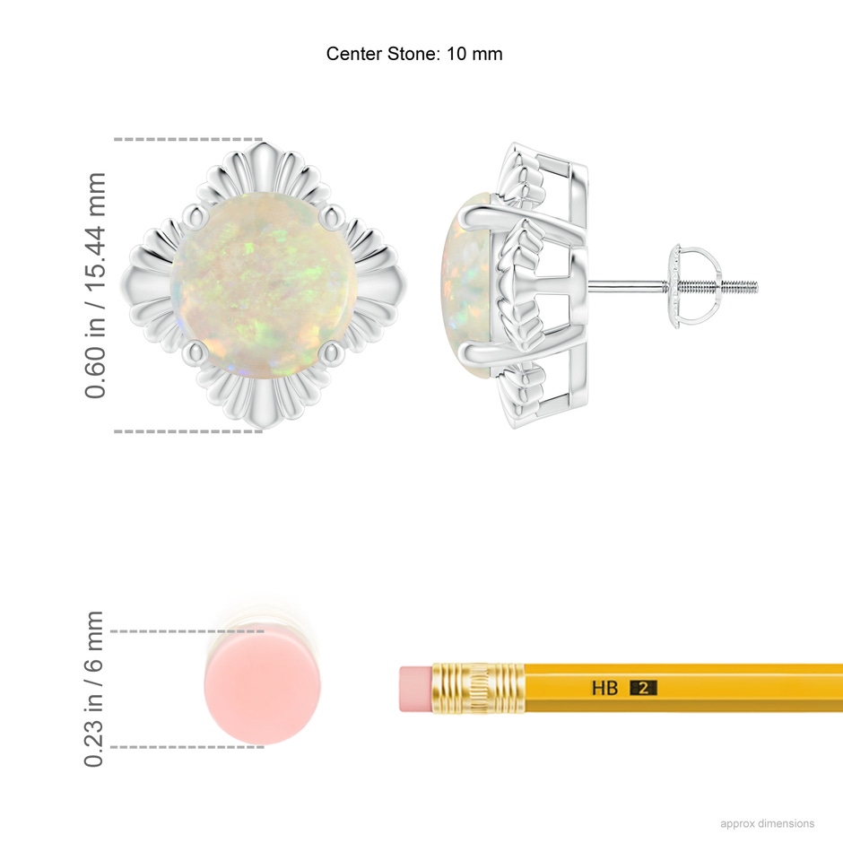 10mm AAA Solitaire Round Opal Floral Stud Earrings in White Gold ruler