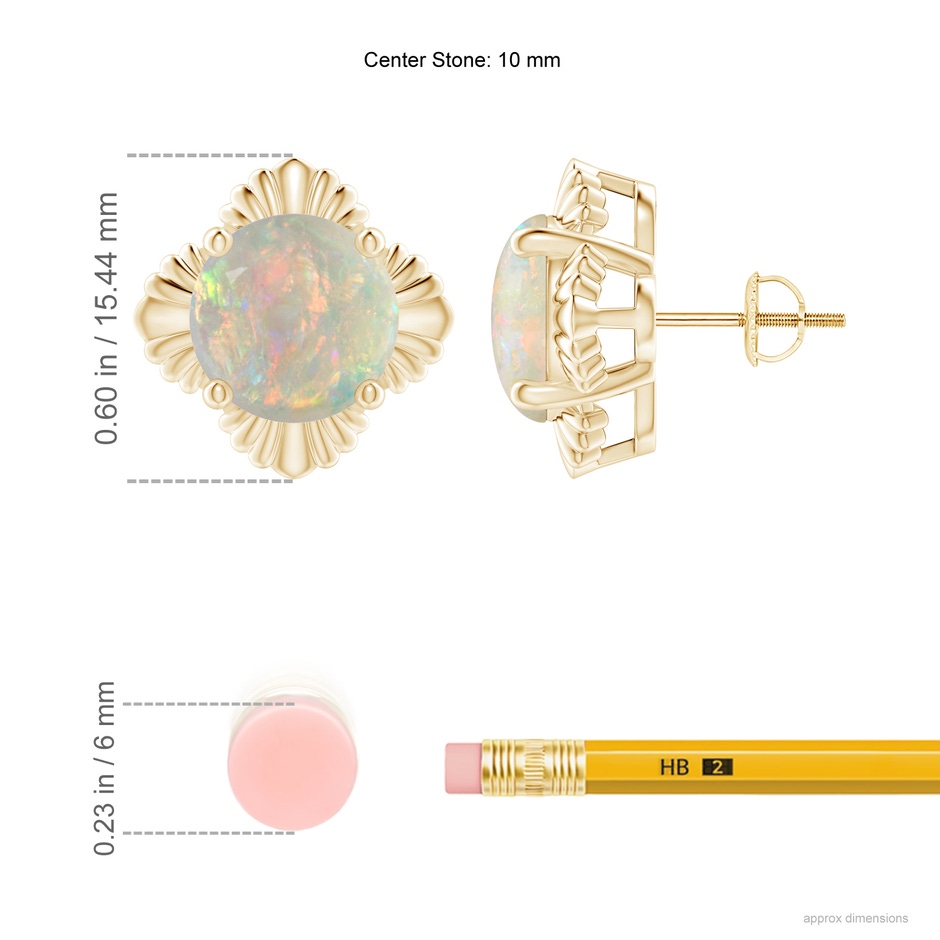 10mm AAAA Solitaire Round Opal Floral Stud Earrings in Yellow Gold ruler