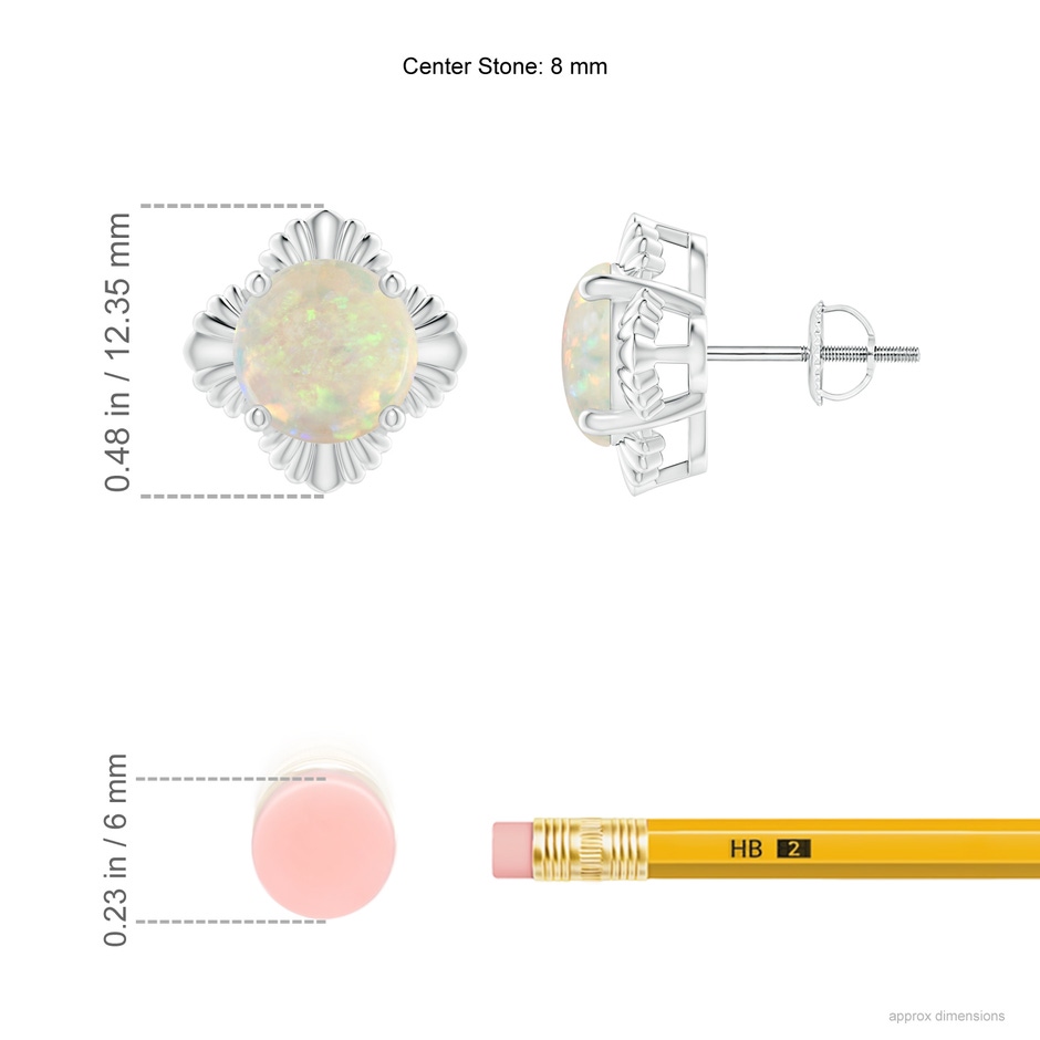 8mm AAA Solitaire Round Opal Floral Stud Earrings in White Gold ruler