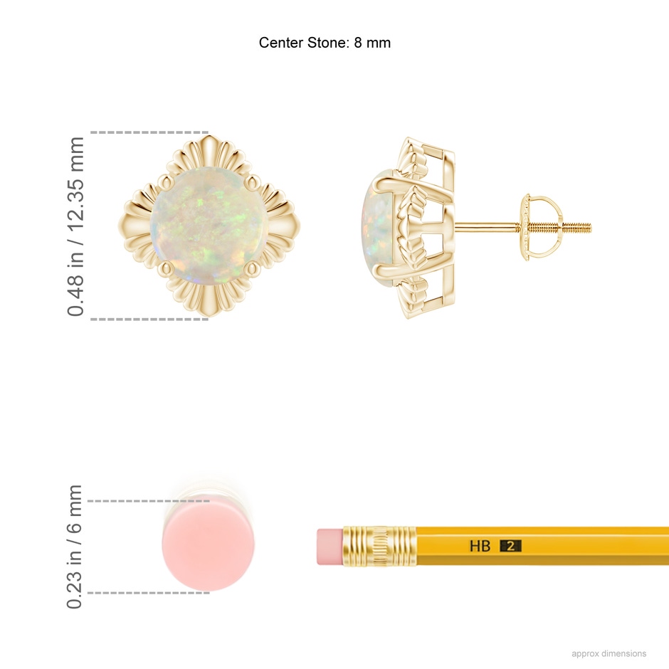 8mm AAA Solitaire Round Opal Floral Stud Earrings in Yellow Gold ruler