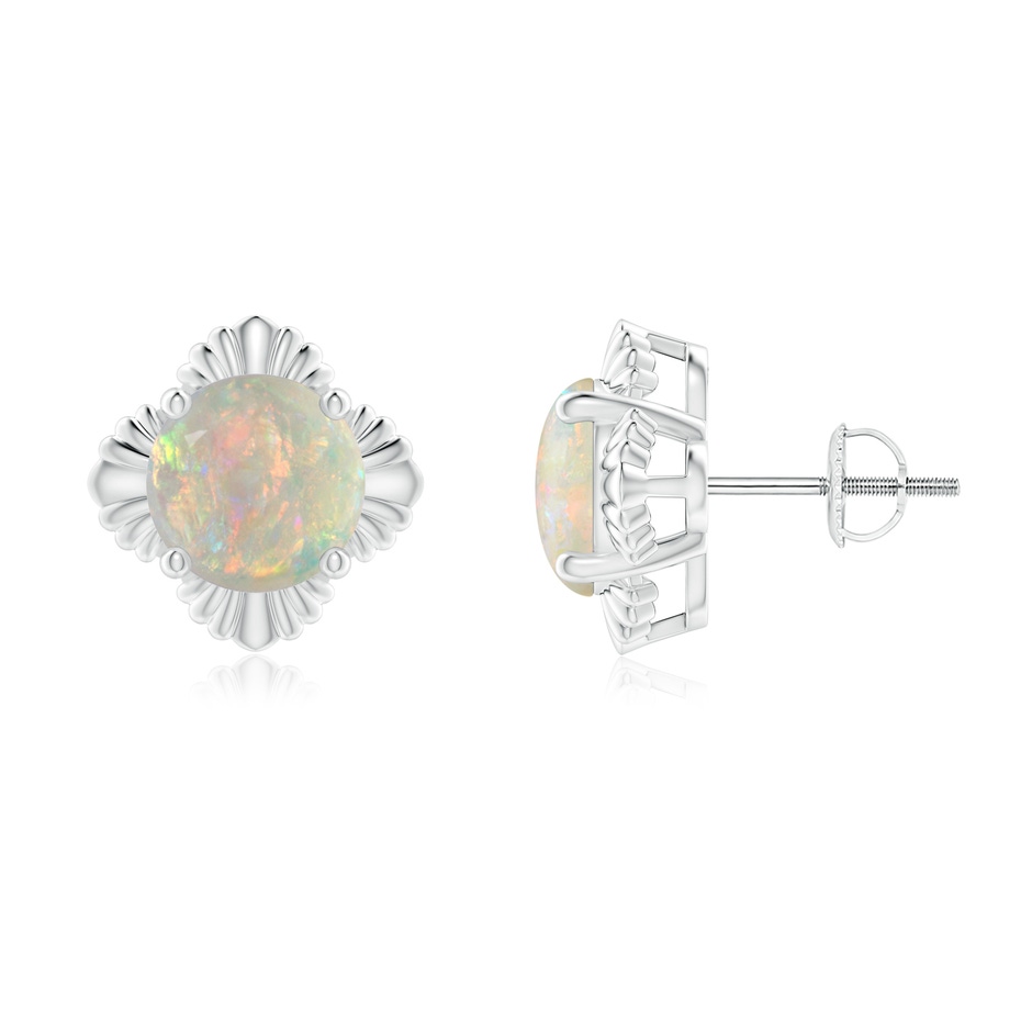 8mm AAAA Solitaire Round Opal Floral Stud Earrings in White Gold 
