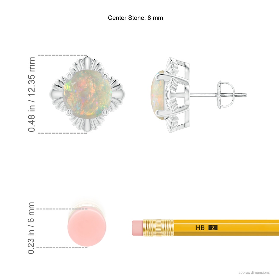 8mm AAAA Solitaire Round Opal Floral Stud Earrings in White Gold ruler