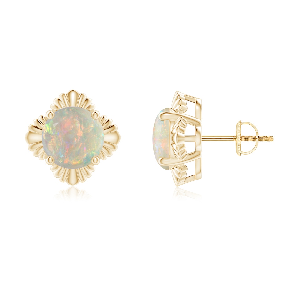 8mm AAAA Solitaire Round Opal Floral Stud Earrings in Yellow Gold 