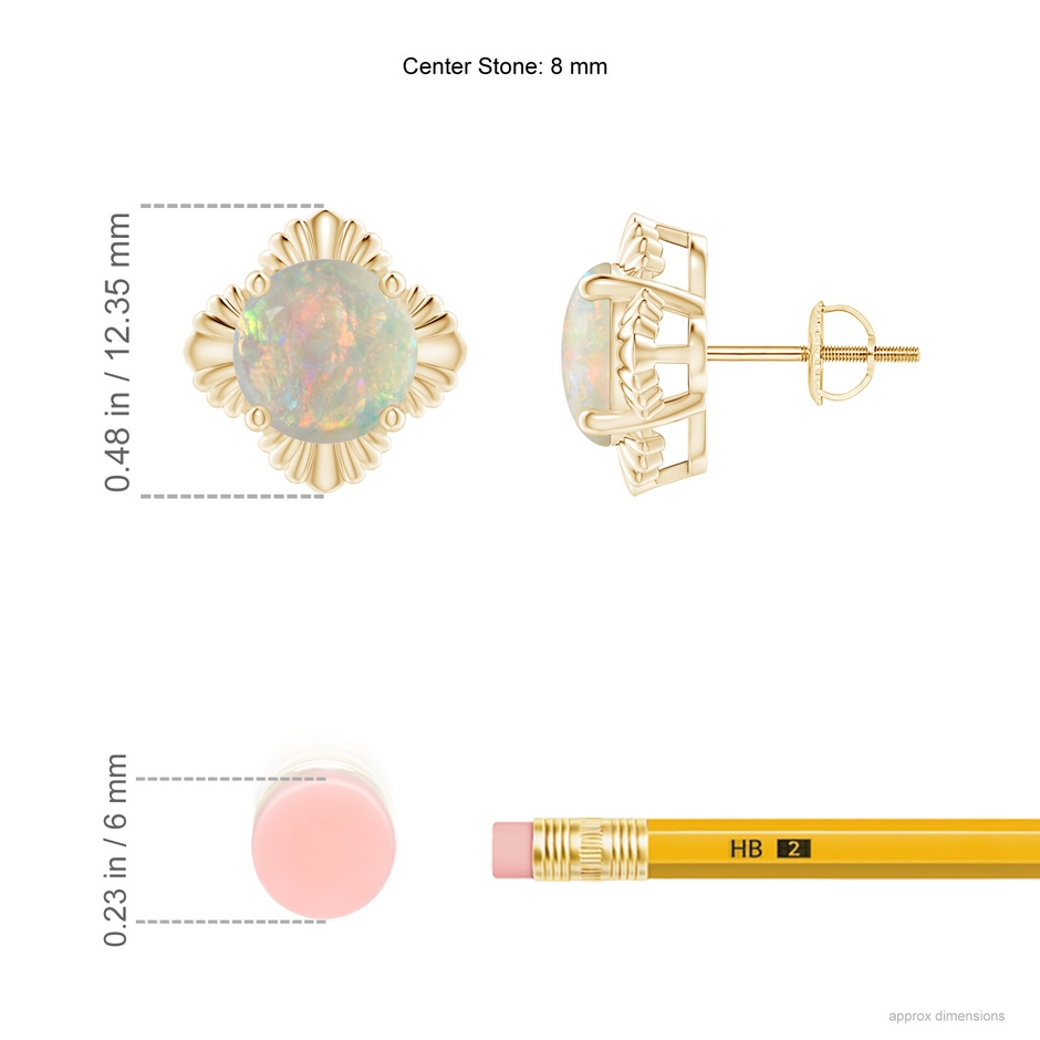 8mm AAAA Solitaire Round Opal Floral Stud Earrings in Yellow Gold ruler