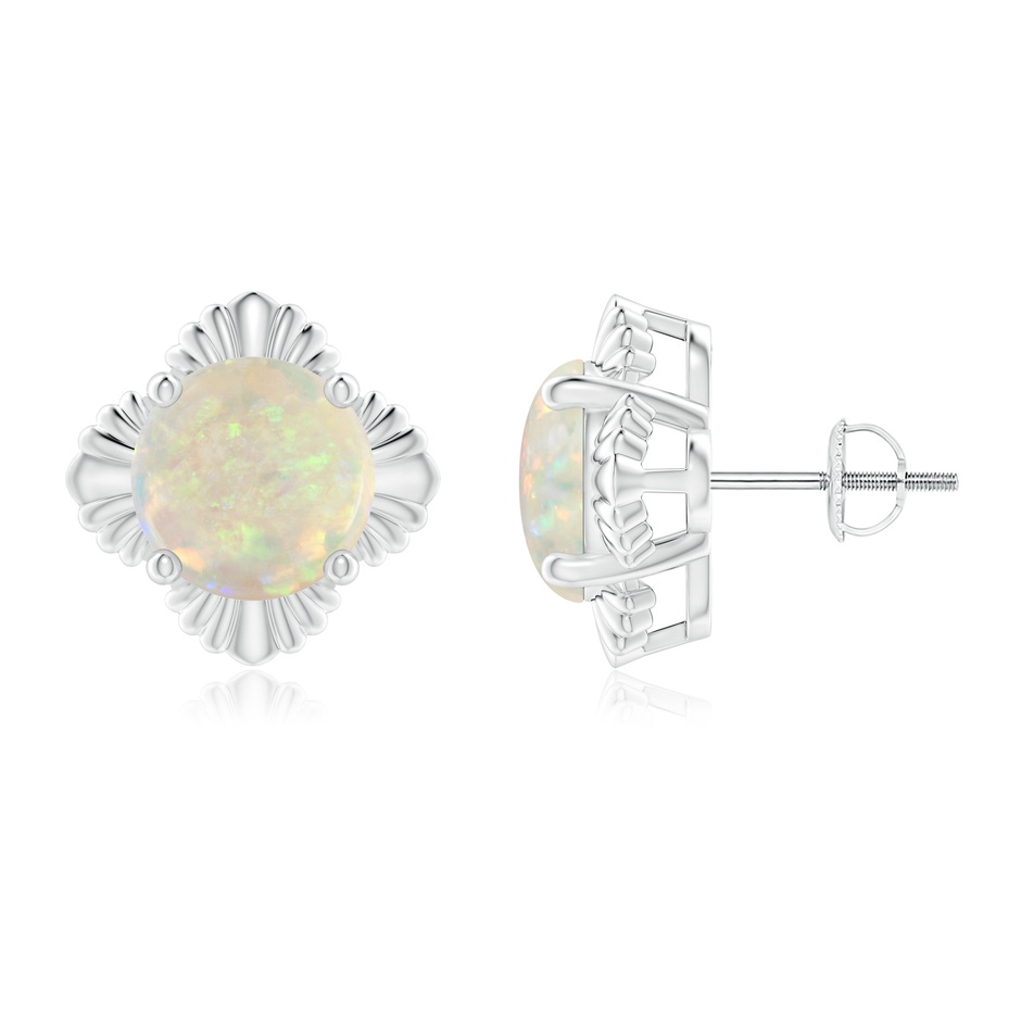 9mm AAA Solitaire Round Opal Floral Stud Earrings in White Gold 