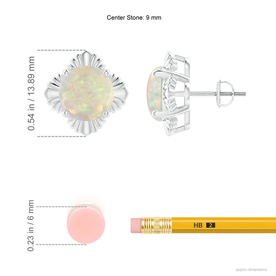 9mm AAA Solitaire Round Opal Floral Stud Earrings in White Gold ruler