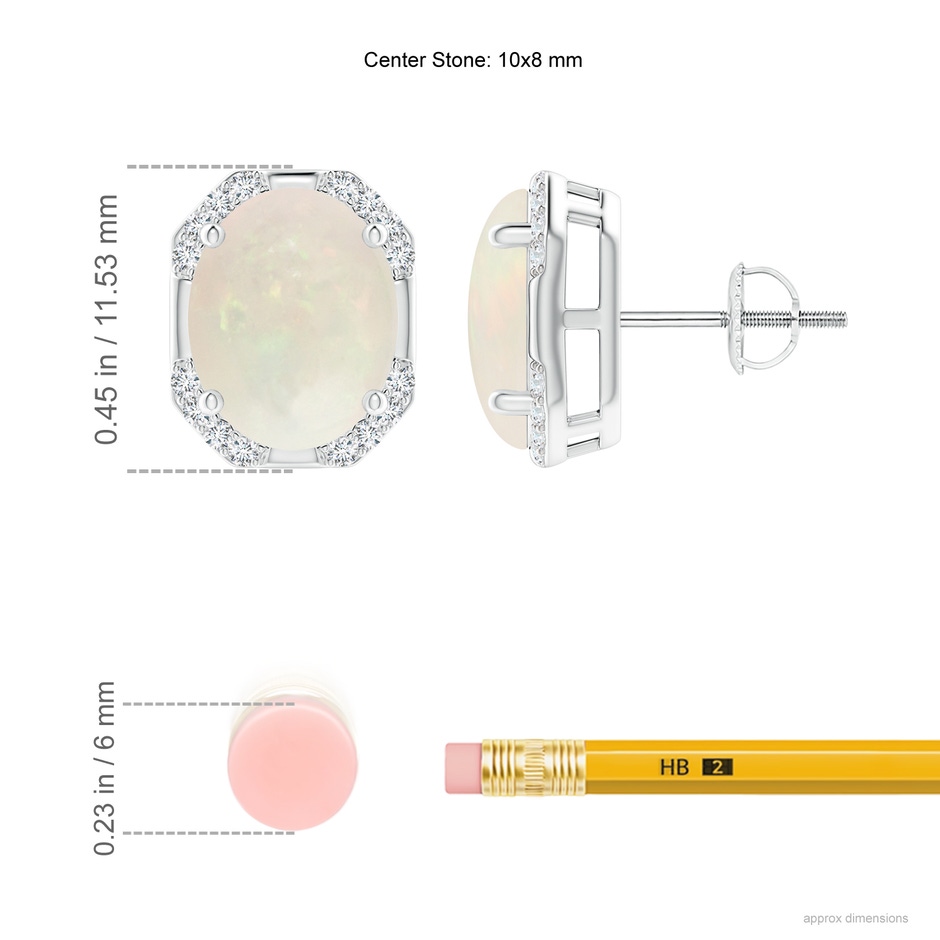 10x8mm A Octagon Framed Oval Opal Earrings with Diamonds in White Gold ruler