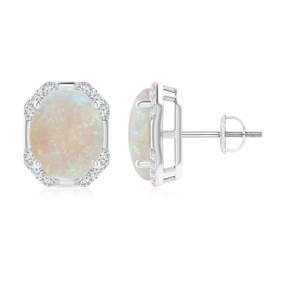 10x8mm AA Octagon Framed Oval Opal Earrings with Diamonds in White Gold 