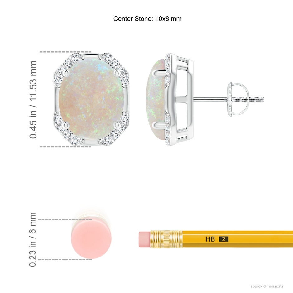 10x8mm AA Octagon Framed Oval Opal Earrings with Diamonds in White Gold ruler