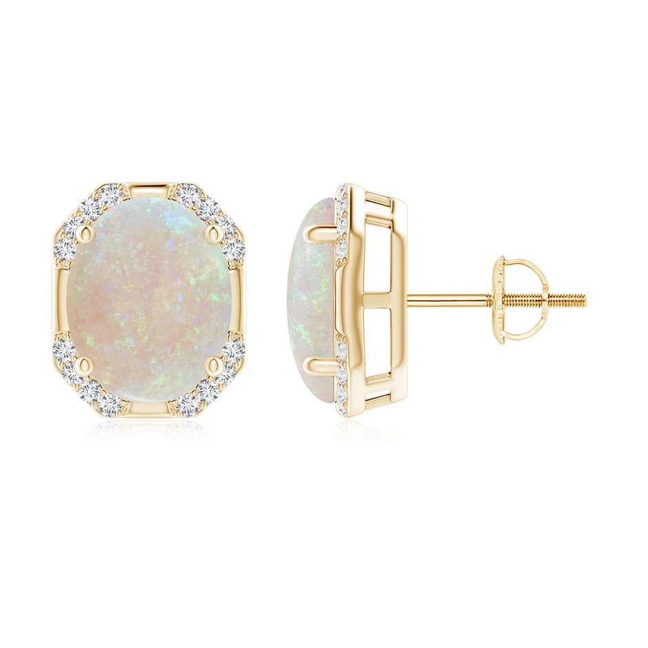 10x8mm AA Octagon Framed Oval Opal Earrings with Diamonds in Yellow Gold 