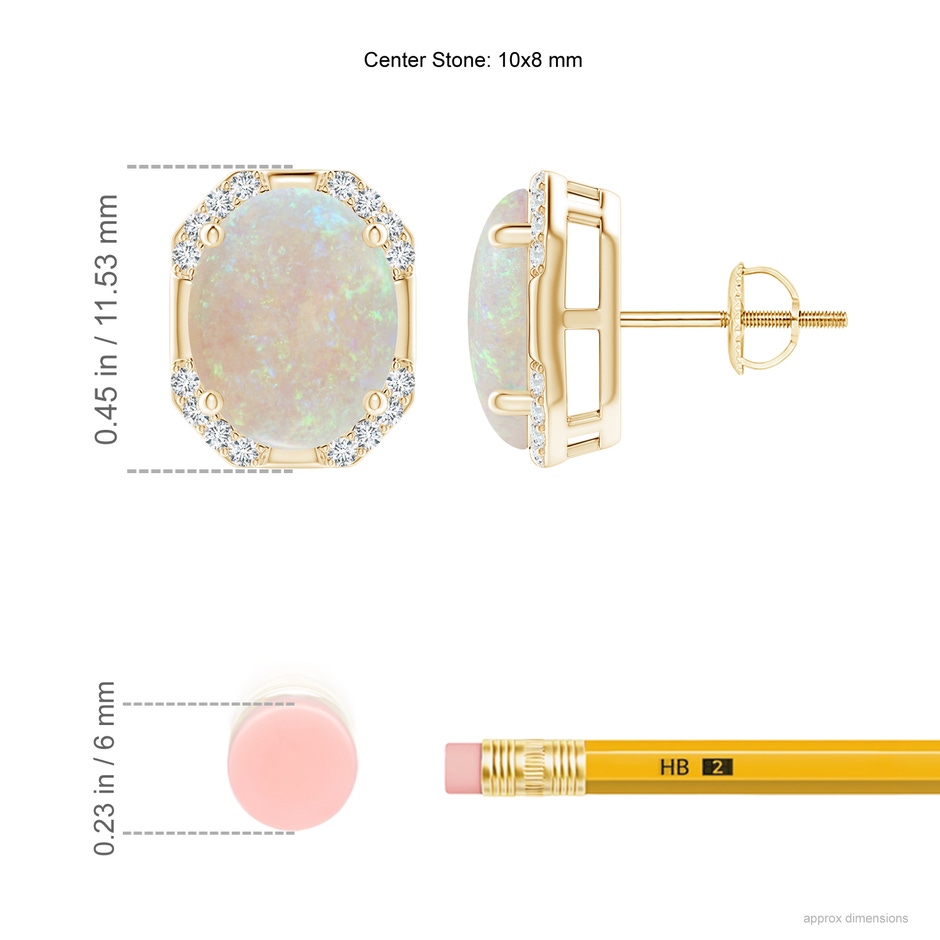 10x8mm AA Octagon Framed Oval Opal Earrings with Diamonds in Yellow Gold ruler