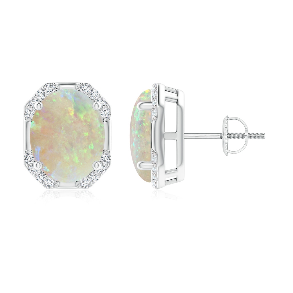 10x8mm AAA Octagon Framed Oval Opal Earrings with Diamonds in White Gold