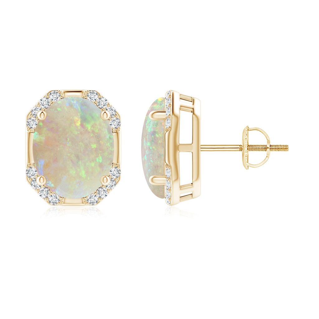 10x8mm AAA Octagon Framed Oval Opal Earrings with Diamonds in Yellow Gold