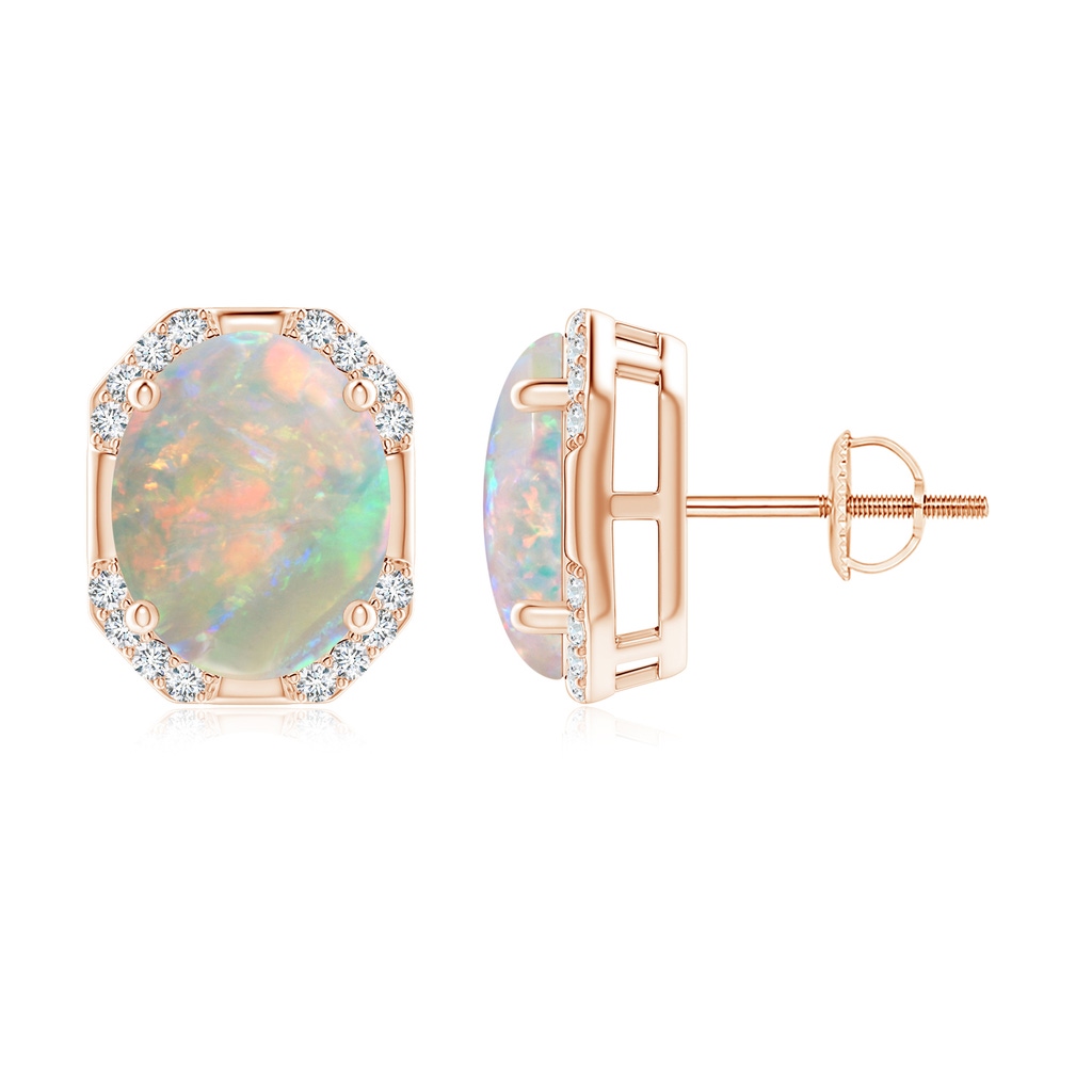 10x8mm AAAA Octagon Framed Oval Opal Earrings with Diamonds in Rose Gold