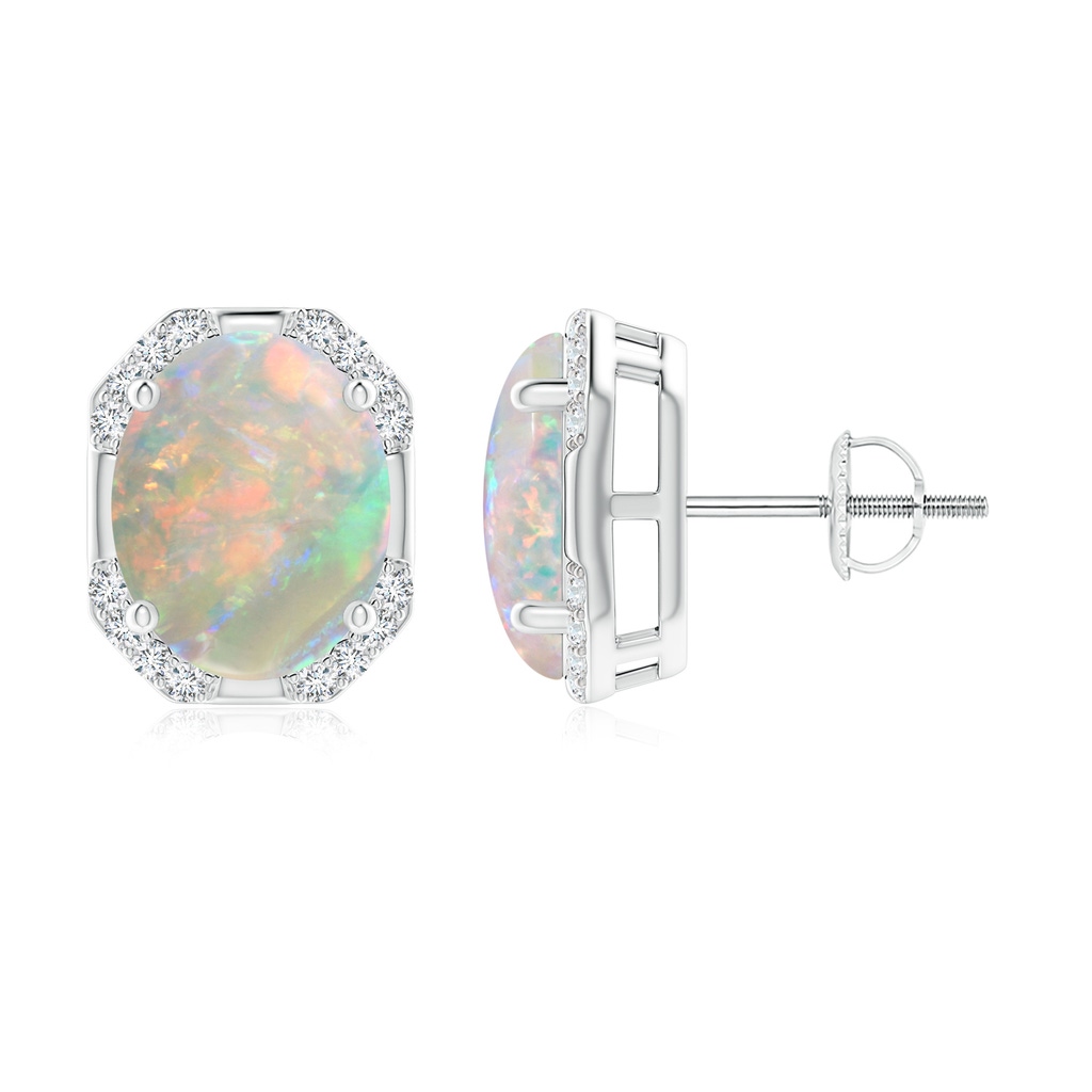 10x8mm AAAA Octagon Framed Oval Opal Earrings with Diamonds in White Gold