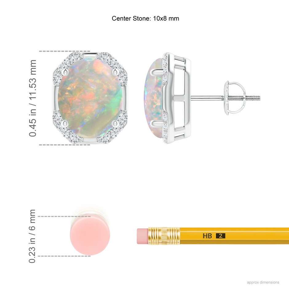 10x8mm AAAA Octagon Framed Oval Opal Earrings with Diamonds in White Gold ruler