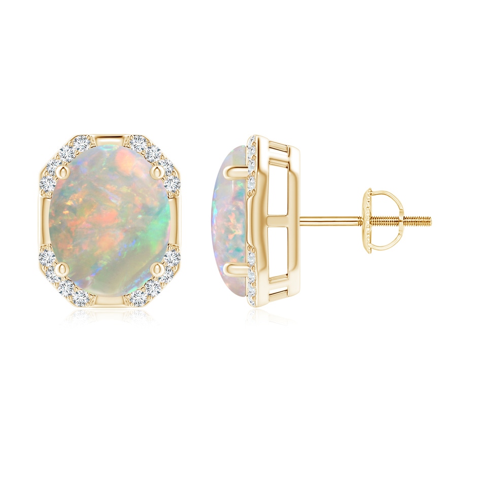 10x8mm AAAA Octagon Framed Oval Opal Earrings with Diamonds in Yellow Gold 