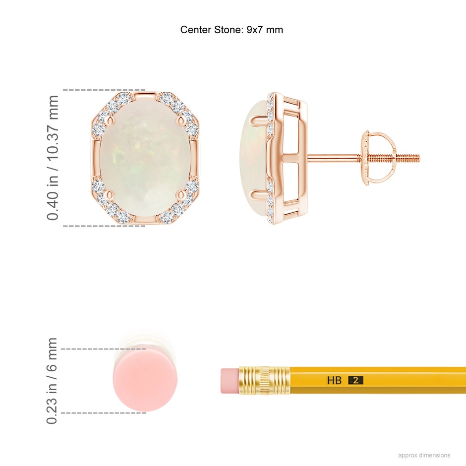 9x7mm A Octagon Framed Oval Opal Earrings with Diamonds in Rose Gold ruler