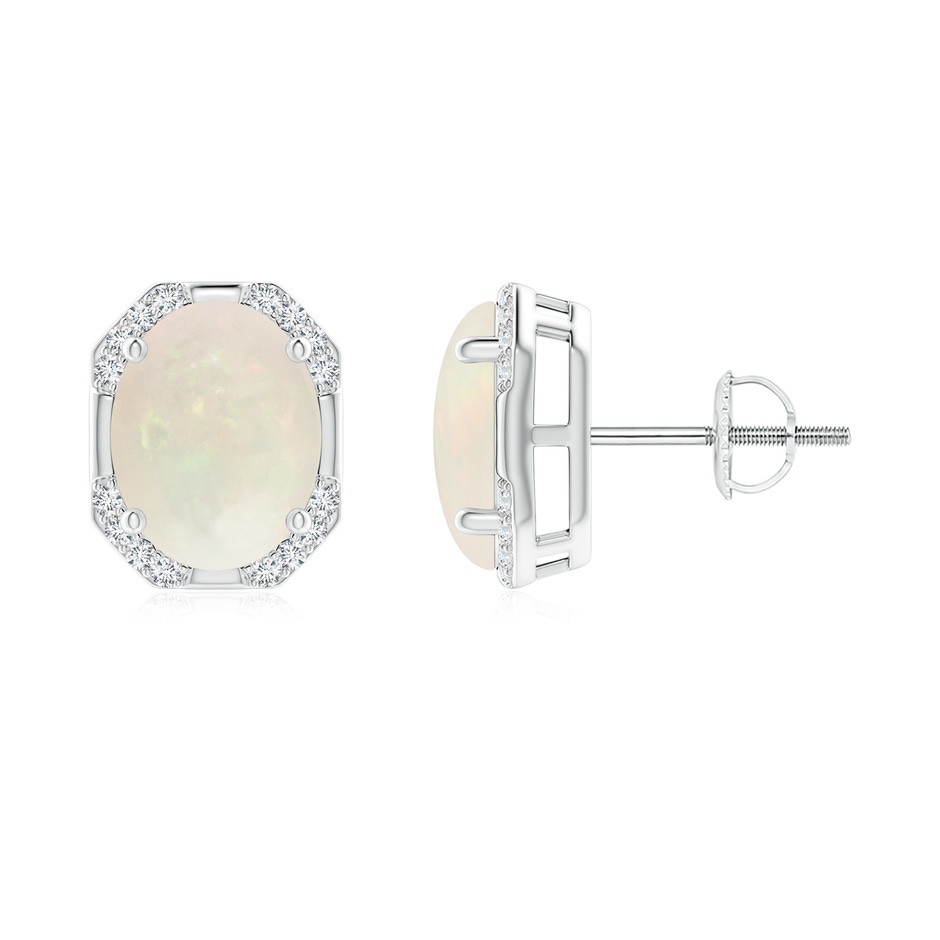 9x7mm A Octagon Framed Oval Opal Earrings with Diamonds in White Gold 