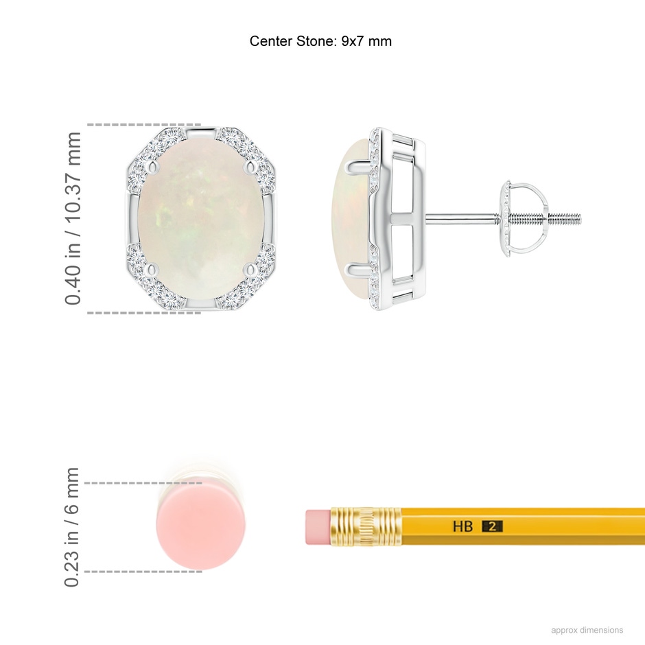 9x7mm A Octagon Framed Oval Opal Earrings with Diamonds in White Gold ruler