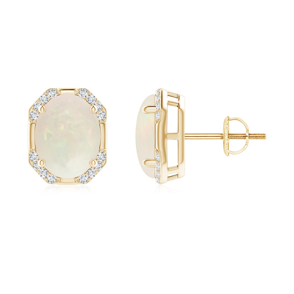 9x7mm A Octagon Framed Oval Opal Earrings with Diamonds in Yellow Gold 