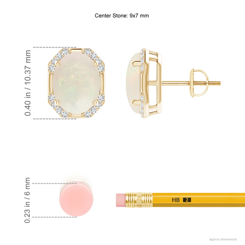 9x7mm A Octagon Framed Oval Opal Earrings with Diamonds in Yellow Gold ruler