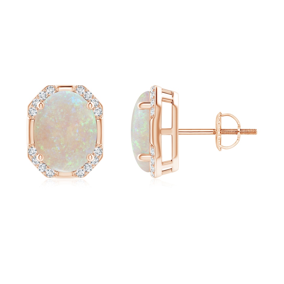 9x7mm AA Octagon Framed Oval Opal Earrings with Diamonds in Rose Gold 