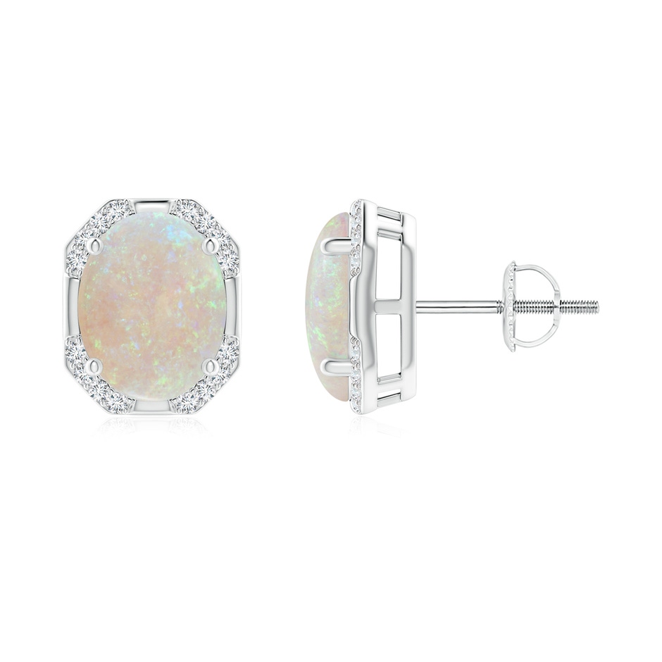 9x7mm AA Octagon Framed Oval Opal Earrings with Diamonds in White Gold 