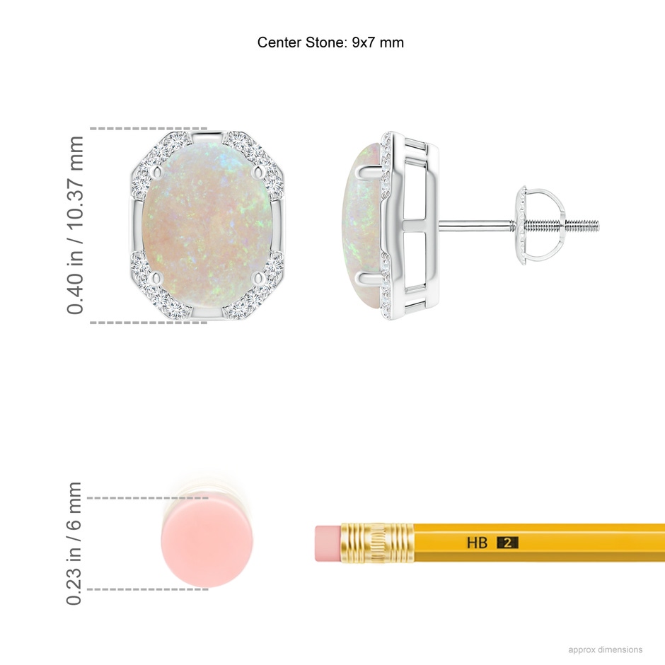 9x7mm AA Octagon Framed Oval Opal Earrings with Diamonds in White Gold ruler