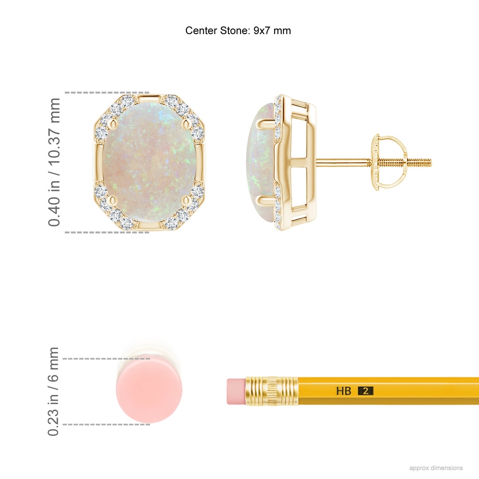 9x7mm AA Octagon Framed Oval Opal Earrings with Diamonds in Yellow Gold ruler