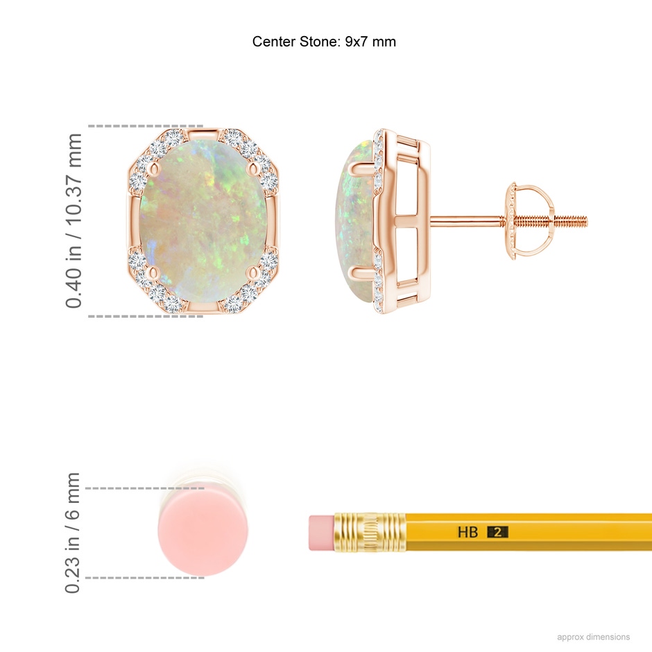 9x7mm AAA Octagon Framed Oval Opal Earrings with Diamonds in Rose Gold ruler