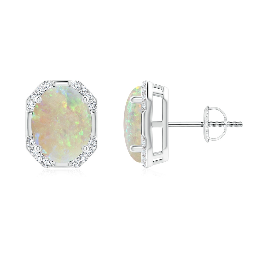 9x7mm AAA Octagon Framed Oval Opal Earrings with Diamonds in White Gold 