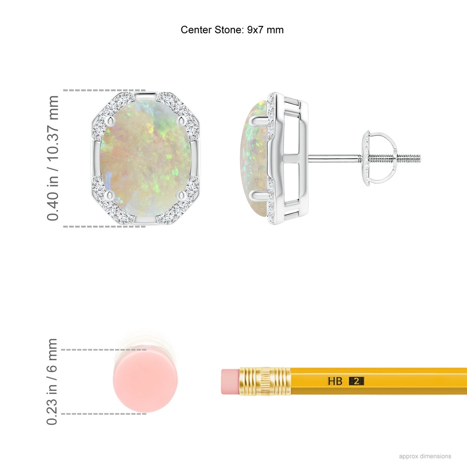 9x7mm AAA Octagon Framed Oval Opal Earrings with Diamonds in White Gold ruler