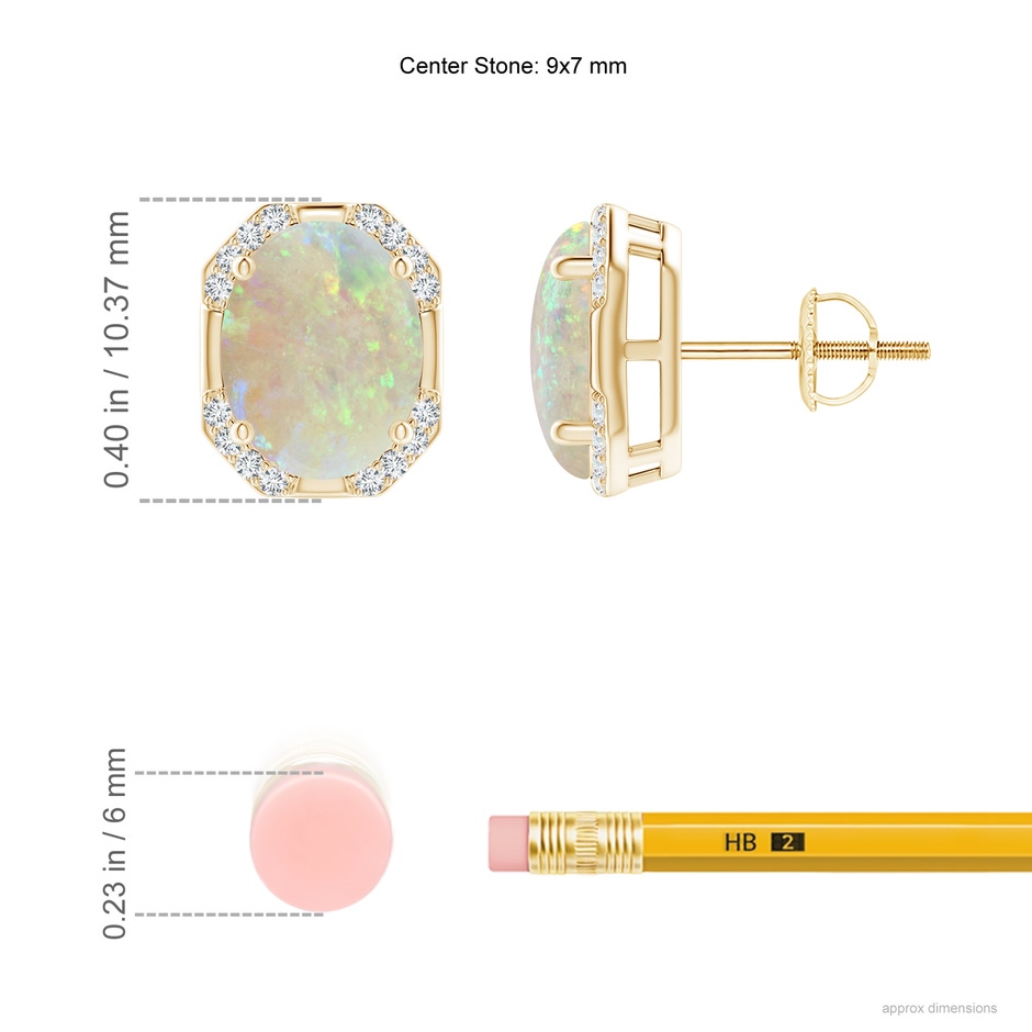 9x7mm AAA Octagon Framed Oval Opal Earrings with Diamonds in Yellow Gold ruler