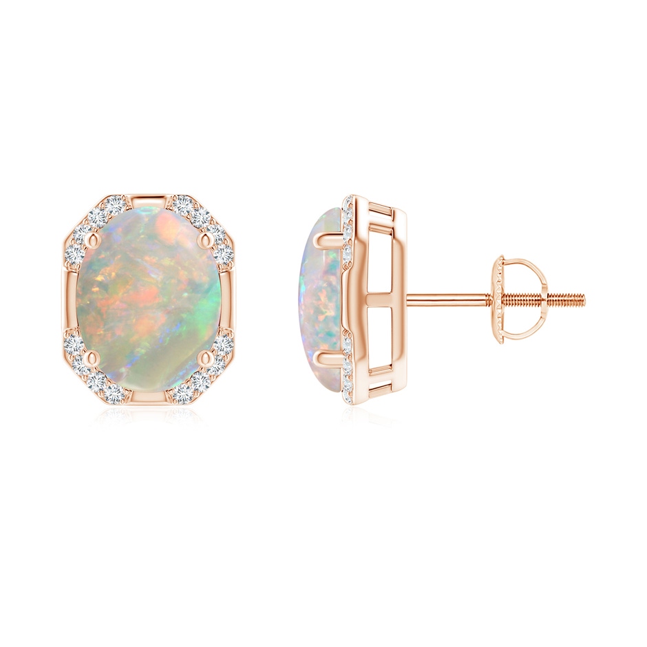 9x7mm AAAA Octagon Framed Oval Opal Earrings with Diamonds in Rose Gold 