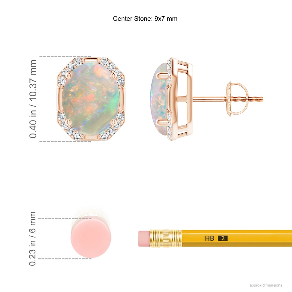 9x7mm AAAA Octagon Framed Oval Opal Earrings with Diamonds in Rose Gold ruler