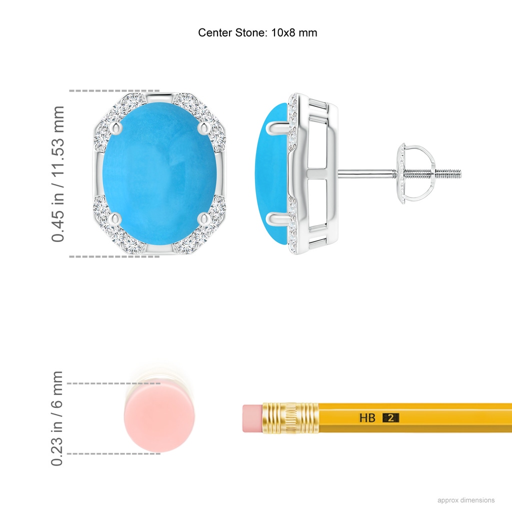 10x8mm AAA Octagon Framed Oval Turquoise Earrings with Diamonds in White Gold Ruler