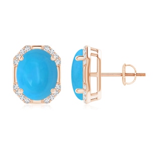 10x8mm AAAA Octagon Framed Oval Turquoise Earrings with Diamonds in Rose Gold